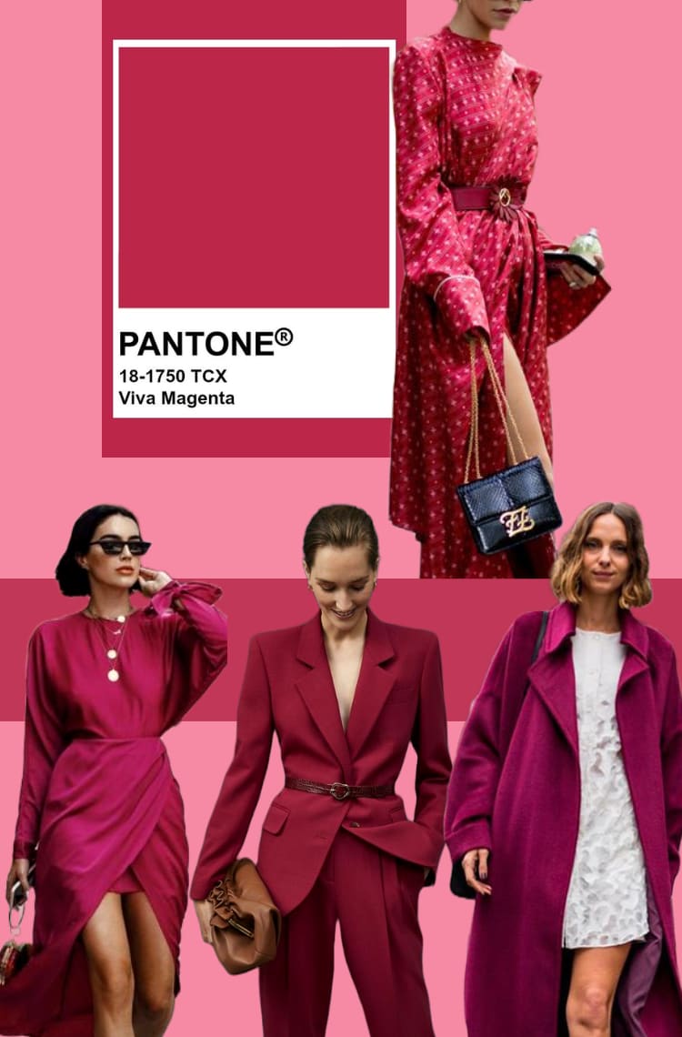 Montagem para ilustrar 7 dicas de como usar a cor de 2023, Viva Magenta, nos looks. Uma mulher com vestido na cor Viva Magenta mídi estampado. Uma mulher com cabelos curtos castanhos está com vestido de mangas longas com fenda em tons de Viva Magenta. Ao lado dela, uma mulher usa um terno Viva Magenta. Ao lado, uma outra mulher com cabelos loiros está com vestido branco e casaco Viva Magenta.