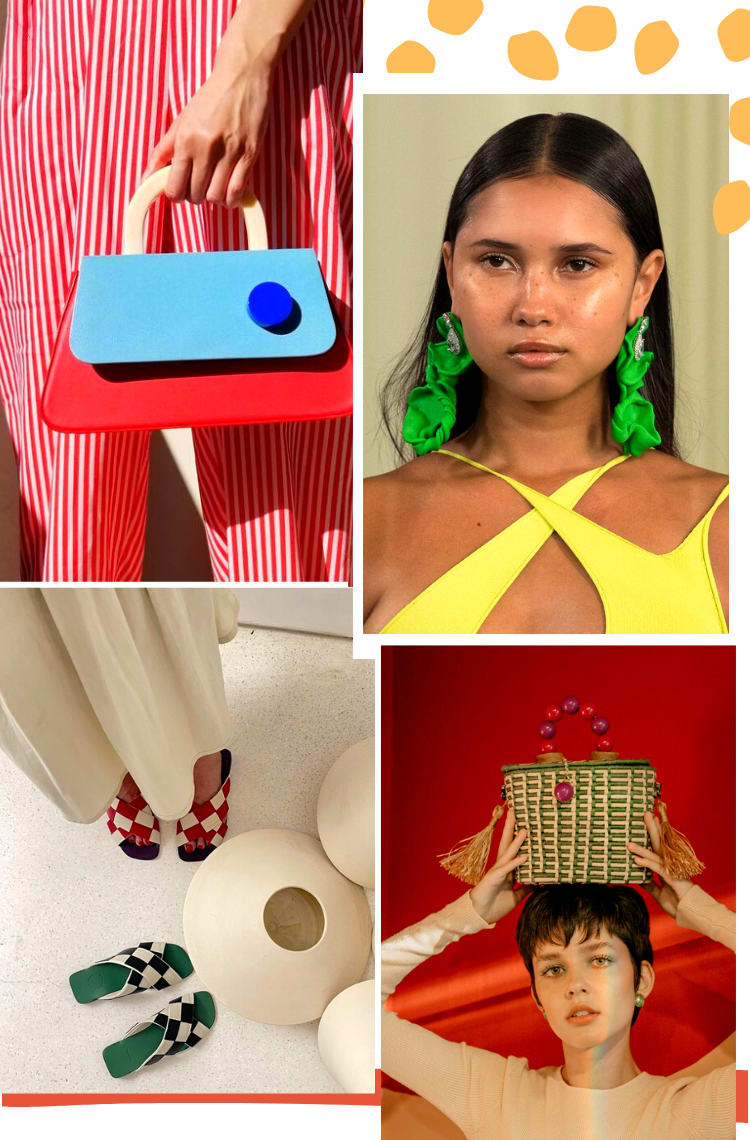 Montagem com quatro fotos ilustrando a sexta dica de como se vestir no calor criando look de verão: acessorize. Foto 1: uma bolsa geométrica em tons de vermelho, azul e branco está no centro da imagem. Foto 2: uma mulher com cabelos pretos está em close. Ela usa brincos longos de resina verde amassada. Foto 3: dois pares de sandália rasteiras estão no chão. As tiras são quadriculadas em branco e vermelho e preto e branco. Foto 4: uma mulher com cabelos curtos está em close, segurando uma bolsa no topo da cabeça. A bolsa é de palha verde e bege, com miçangas rosas e roxo.