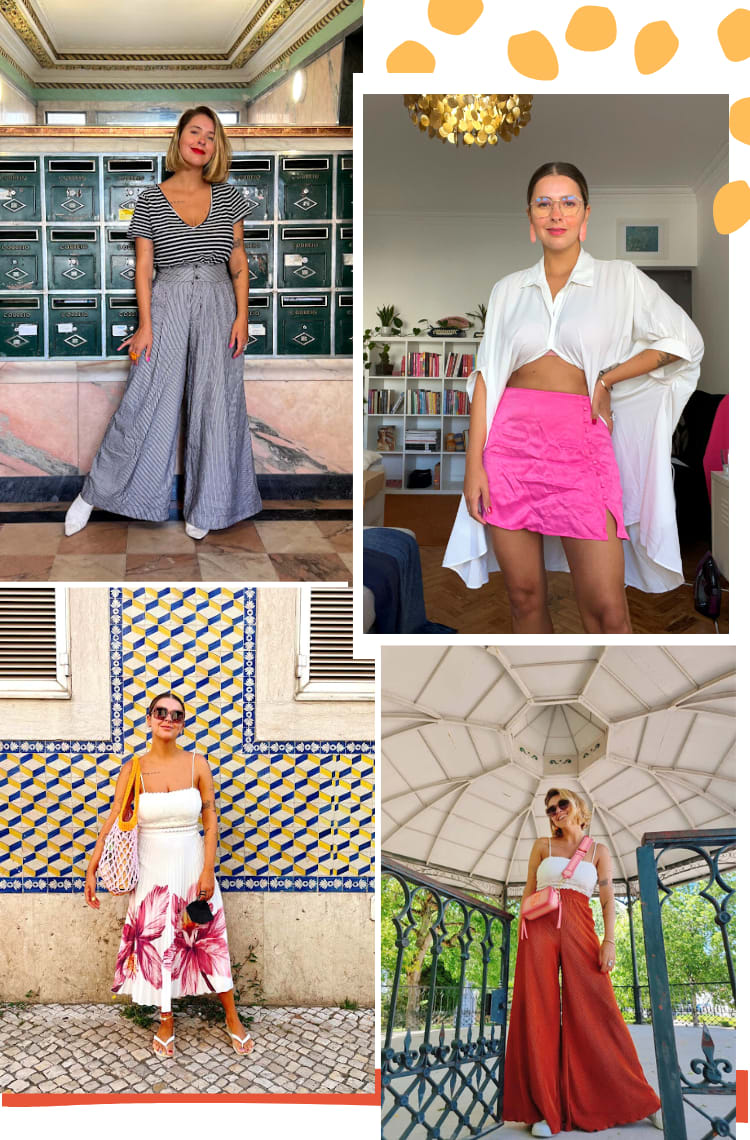 Montagem com quatro fotos ilustrando dica de como se vestir no calor criando looks de verão. Foto 1: Marcie, criadora do blog, está em frente a entrada de um prédio, com as caixinhas de correio verdes ao fundo. O look é composto por camiseta listrada bretão azul marinho com branca, pantalona de pernas largas azul-marinho com listras verticais brancas, mule branca de bico fino e batom vermelho. Foto 2: Marcie, dona do blog, posa em frente a uma estante com livros ao fundo. O look é composto por camisa branca oversized usada abotoada na frente deixando a barriga à mostra, minissaia de cetim rosa com mini fenda e brincos rosas com textura de concha. Foto 3: Marcie, criadora do blog, posa em frente a um prédio com textura azul e amarelo. O look é composto por cropped branco com alças finas, saia mídi plissada branca com flores rosa, havaianas branca e bolsa de crochê rosa com alça laranja. Foto 4: Marcie, criadora do blog posa em frente a um coreto de metal. O look é composto por cropped branco de renda com alças fininhas, bolsa pink Marc Jacobs cruzada e pantalona plissada marrom com tênis branco.