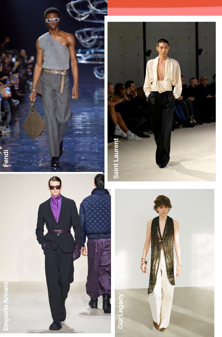 Montagem com quatro fotos de passarela da Semana de Moda Masculina 2023 Outono para trazer a tendência masculina de peças com estilo feminino. Foto 1 (Fendi): um modelo com cabelos castanhos desfila em uma passarela escura. O look é composto por blusa de lã de um ombro só cinza, calça de alfaiataria cinza, cinto caramelo, bolsa de camurça verde musgo e sapato preto. Foto 2 (Saint Laurent): um modelo de cabelos raspados está em uma passarela cinza. O look é composto por uma blusa de seda off-white com decote profundo e mangas bufantes, calça de alfaiataria preta e bota preta. Foto 3 (Emporio Armani): um modelo com cabelos curtos com gel está em uma passarela branca. O look é composto por blusa de lã violeta, lenço acetinado violeta, terno cinza xadrez e cinto roxo por cima do blazer na cintura e luvas de couro roxo. Foto 4 (Our Legacy): um modelo com cabelos lisos castanhos está em uma parede branca. O look é composto por uma regata preta de crochê e pantalona branca.