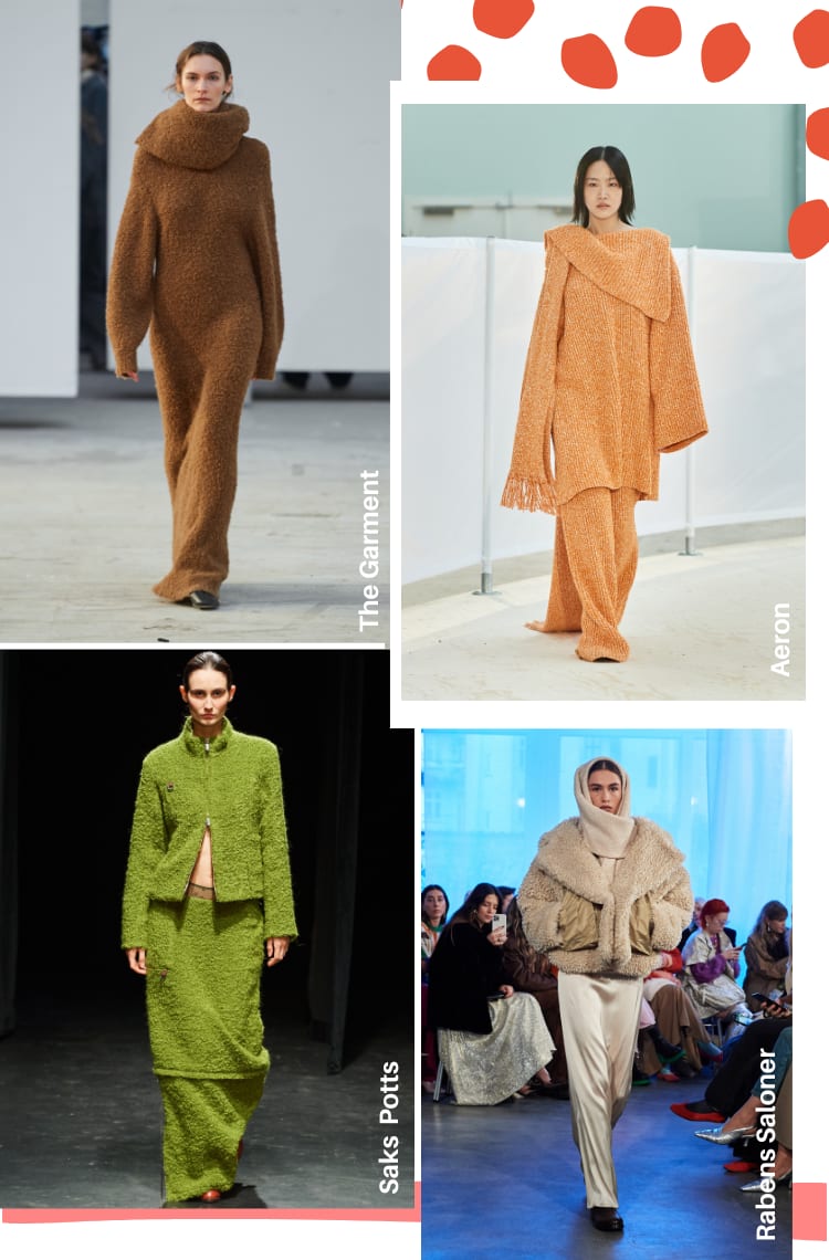 Montagem com quatro fotos de tendências da Copenhagen Fashion Week 2023 outono/inverno: tecidos cozy. Foto 1, da The Garment: modelo com cabelos castanhos presos caminha em uma passarela cinza. O look é composto por vestido longo de tecido felpudo marrom com gola alta e mangas longas. Foto 2, da marca Aeron: uma modelo com cabelos curtos castanhos escuros está em uma passarela branca. O look é composto por conjunto de calça e bata longa de mangas longas, com cachecol e tecidos de lã laranja claro. Foto 3, da Saks Potts: uma modelo com cabelos castanhos escuros presos para trás caminha em passarela preta. O look é composto por jaqueta e saia longa verde felpuda. Foto 4, da Rabens Saloner: uma modelo com cabelos castanhos desfila em uma passarela cinza escuro. O look é composto por vestido prateado de cetim, jaqueta peluda bege e manta enrolada na cabeça.