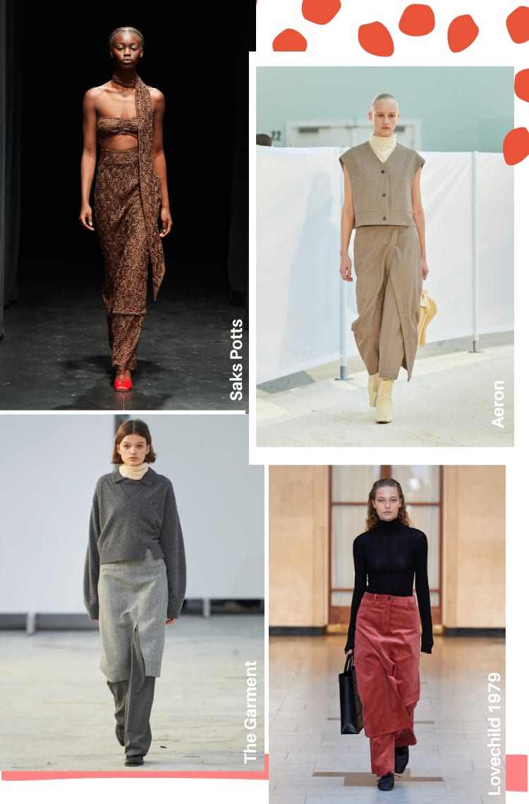 Montagem com quatro fotos de tendências da Copenhagen Fashion Week 2023 outono/inverno: saia com calça. Foto 1, da Saks Potts: uma modelo com cabelos trançados castanhos desfila em uma passarela cinza. O look é composto por cropped marrom e saia marrom usada por cima da calça, com sapatos vermelhos. Foto 2, da Aeron: uma modelo com cabelos raspados desfila em uma passarela branca. O look é composto por blusa de gola alta sem mangas, colete e calça com saia por cima marrom e bota branca. Foto 3, da The Garment: uma modelo com cabelos curtos castanhos desfila em uma passarela cinza. O look é composto por blusa de gola alta branca por baixo de um suéter cinza, calça de alfaiataria cinza usada por baixo de saia mídi de alfaiataria cinza claro. Foto 4, da Lovechild 1979. Uma modelo com cabelos castanhos cacheados desfila em uma passarela branca. O look é composto por blusa de gola alta preta, com saia mídi de veludo rosa usada por baixo de uma calça de mesmo material e tênis preto.