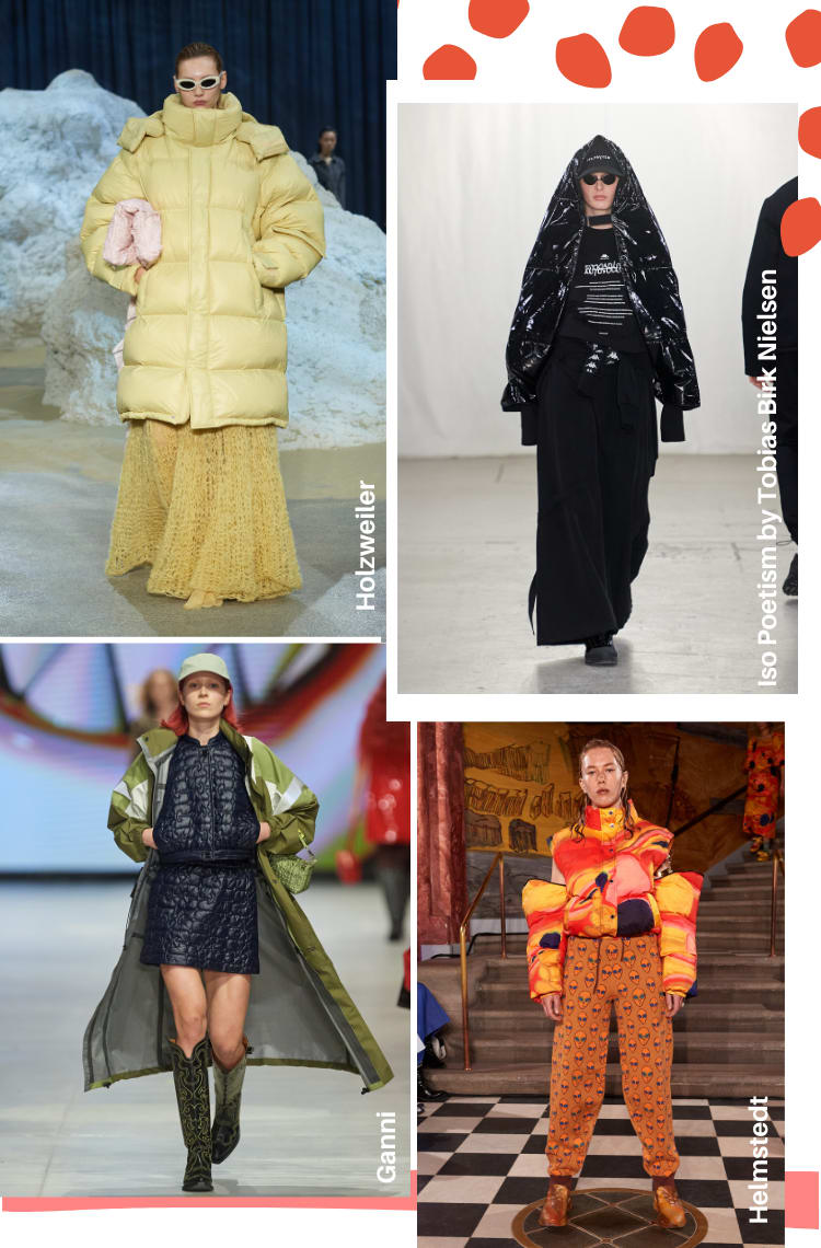 Montagem com quatro fotos de tendências da Copenhagen Fashion Week 2023 outono/inverno: tecidos confortáveis.