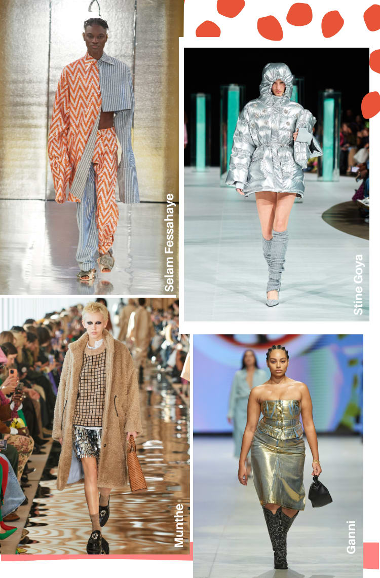 Montagem com quatro fotos de tendências da Copenhagen Fashion Week 2023 outono/inverno: tecidos confortáveis.