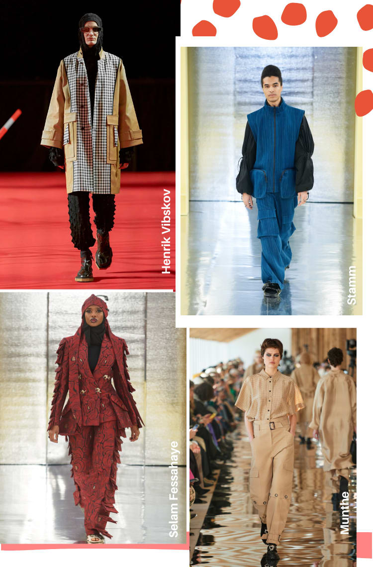 Montagem com quatro fotos de tendências da Copenhagen Fashion Week 2023 outono/inverno: tecidos confortáveis.