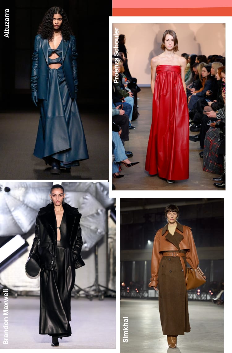 Montagem com 4 fotos ilustrando uma das 6 tendências da NYFW 2023 Outono/Inverno: couro. Foto 1, da Altuzarra: uma modelo com cabelos cacheados na altura do ombro esta em uma passarela preta. O look é composto por vestido longo de couro azul petróleo e blazer de couro azul petróleo. Foto 2, da Proenza Schouler: uma modelo com cabelos curtos castanhos na altura do ombro está em uma passarela cinza. O look é composto por vestido longo sem mangas vermelho de couro. Foto 3, da Brandon Maxwell: uma modelo com cabelos presos está em uma passarela metalizada prata. O look é composto por body e calça de couro preto, jaqueta e couro preta e bolsa de couro preta. Foto 4, da Simkhai: uma modeo de cabelos curtos está em uma passarela cinza. O look é composto por um sobretudo marrom fechado dividida metade de lã, metade de couro.