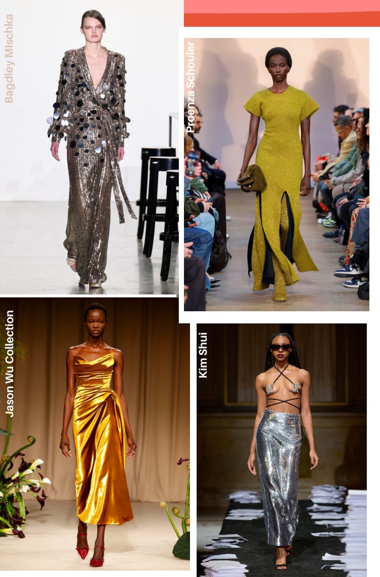 Montagem com 4 fotos ilustrando uma das 6 tendências da NYFW 2023 Outono/Inverno: brilho. Foto 1, da Bagdley Mischka. Uma modelo com cabelo castanho preso está em uma passarela branca. O look é composto por vestido longo de decote v e manga longa inteiro de paetê dourado com máxi paetês prateados. Foto 2, da Proenza Schouler: uma modelo com cabelos curtos castanhos desfila em uma passarela cinza. O look é composto por vestido longo de manga curta com fendas de glitter dourado, meia calça dourada de glitter. Foto 3, da Jason Wu Collection: uma modelo de cabelo raspado está em uma passarela bege. O look é composto por vestido mídi acetinado dourado. Foto 4, da Kim Shui: uma modelo de cabelo trançado longo castanho está em uma passarela preta com folhas de papel. O look é composto por top com a letra k em strass e saia longa prateada de paetê.