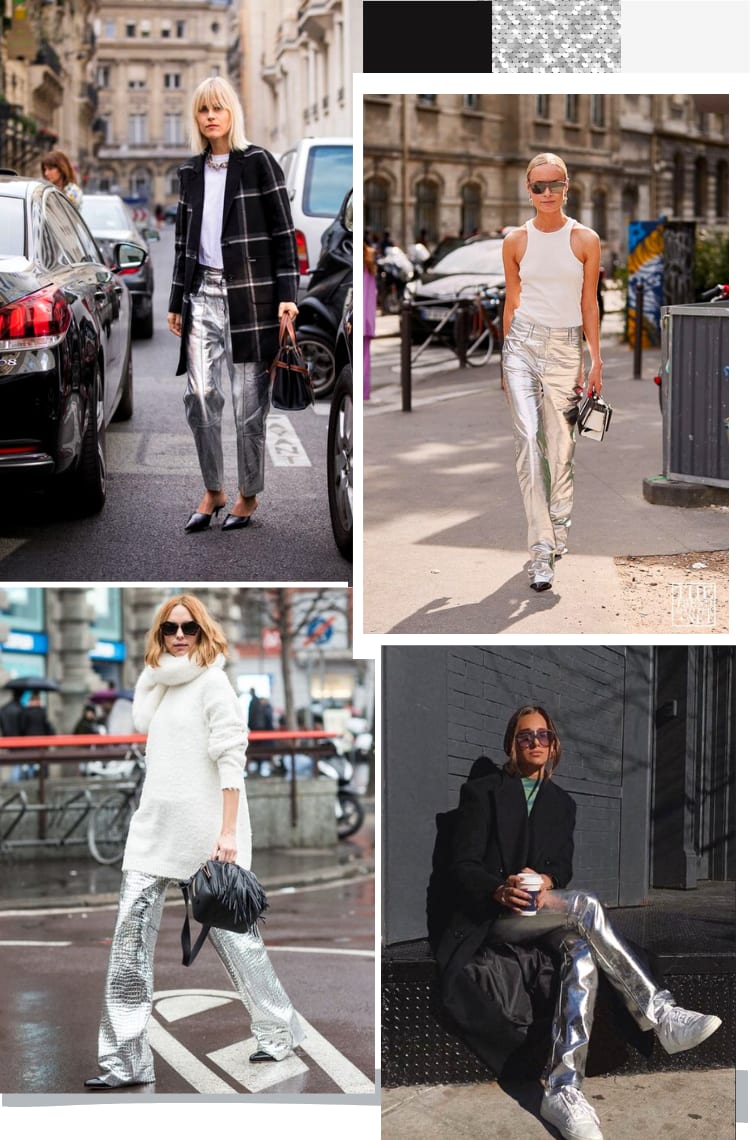 Montagem com quatro fotos mostrando como usar prata nos looks: prata com branco ou preto. Foto 1: uma mulher com cabelos descoloridos na altura no ombro está em uma rua. O look é composto por camiseta branca, casaco de lã preto com xadrez branco, calça de couro prateada e scarpin preto. Foto 2: uma mulher com cabelos descoloridos está em uma rua. O look é composto por regata branca e calça de couro prata com scarpin preto. Foto 3: uma mulher com cabelos loiros médios está em uma rua. O look é composto por blusa de gola alta branca com calça de couro prateada e bota de bico fino preto. Foto 4: uma mulher com cabelos castanhos presos está sentada em uma escada preta. O look é composto por camiseta verde, sobretudo preto e calça prateada de couro com tênis branco.