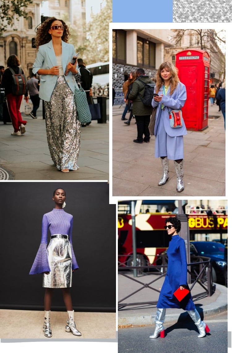 Montagem com quatro fotos mostrando como usar prata nos looks: prata com azul. Foto 1: uma mulher com cabelos cacheados está em uma rua. O look é composto por regata branca, blazer azul claro, calça de paetê prateada e bolsa de crochê azul. Foto 2: uma mulher com cabelos ondulados loiros está em frente a uma cabine telefônica vermelha de londres. O look é composto por camiseta verde limão, blazer azul e bermuda azul na mesma cor e bota western prateada. Foto 3: uma modelo com cabelos raspados está em frente a uma parede preta. O look é composto por uma blusa listrada azul, saia prateada de couro mídi e bota de couro prata. Foto 4: uma modelo com cabelos curtos cacheados está em frente a uma esquina. O look é composto por vestido azul de mangas longas mídi, bolsa vermelho, bota de cano alto prateado com salto vermelho.