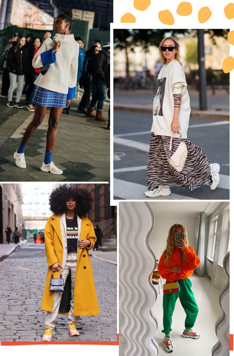 Montagem com quatro fotos mostrando como usar tênis esportivo nos looks. Dica 2: tênis de esporte no look colorido. Foto 1: uma mulher com cabelos pretos presos em um coque alto está em um lugar lotado. O look é composto por blusa de gola alta branca com mangas azuis, minissaia azul xadrez, meias de cano alto azul e tênis branco esportivo. Foto 2: uma mulher com cabelos curtos loiros está em uma rua. O look é composto por vestido longo de mangas longas com estampa de zebra branca com preto, moletom branco oversized, bolsa branca e tênis esportivo branco com preto. Foto 3: uma mulher com cabelos black power está em frente a um prédio. O look é composto por camiseta preta, terno branco quadriculado preto, casaco amarelo mostarda e tênis laranja, branco e amarelo. Foto 4: uma mulher com cabelos longos loiros ondulados está em frente a um espelho. O look é composto por moletom laranja, calça jogger verde bandeira, meia verde clara, tênis esportivo colorido e bolsa tricolor.