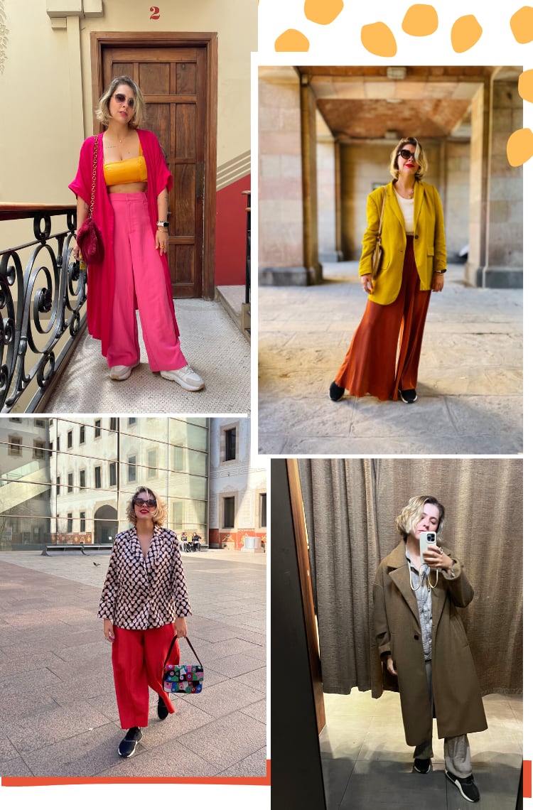 Montagem com quatro fotos mostrando como usar tênis esportivo nos looks. Dica 1: tênis de esporte com alfaiataria. Foto 1: Marcie, criadora do blog, cabelos curtos descoloridos. O look é composto por cropped laranja de cetim, calça de alfaiataria de cintura alta rosa, quimono rosa fluído, bolsa bordô com alça dourada, óculos escuros e tênis esportivo branco. Foto 2: Marcie, criadora do blog, cabelos curtos descoloridos está em frente a uma praça em tons de marrom. O look é composto por regata branca, pantalona cobre plissada, blazer verde oliva, óculos escuros de gatinho e tênis esportivo preto. Foto 3: Marcie, criadora do blog, cabelos curtos descoloridos, está em frente a um museu espelhado. O look é composto por macacão laranja, blazer preto estampado, óculos gatinho, bolsa de mão com estampa de miçangas e tênis preto esportivo. Foto 4: Marcie, criadora do blog, cabelos curtos descoloridos está em frente a uma cortina bege. O look é composto por um pijama acetinado cinza, tênis esportivo preto e sobretudo bege.