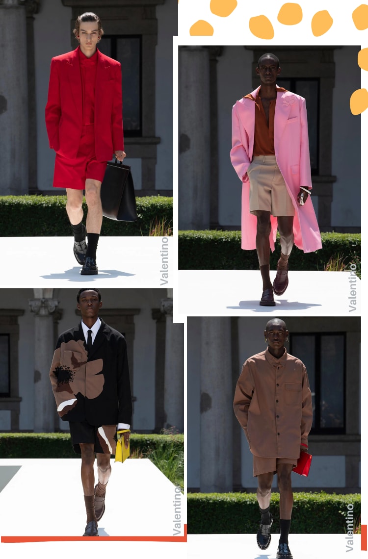 Montagem com 4 fotos mostrando como usar bermuda masculina nos looks. Foto 1, da Valentino: um modelo está em uma passarela. O look é composto por camisa vermelha com uma rosa vermelha no lugar da gravata, blazer vermelho na mesma cor da camisa, bermuda de alfaiataria vermelha na altura da metade da coxa, meia na canela, sapato mocassim envernizado e bolsa grande preta. Foto 2, da Valentino: um modelo está em uma passarela. O look é composto por uma camisa terracota, bermuda de alfaiataria bege na altura da metade da coxa, sobretudo rosa chiclete, meia na canela marrom e mocassim marrom. Foto 3, da Valentino: um modelo está em uma passarela. O look é composto por camisa branca, gravata e blazer com bermuda pretos com estampas de flores marrom, meia na canela marrom com sapato mocassim marrom. Foto 4, da Valentino: um modelo está em uma passarela. O look é composto por camisa oversized e bermuda de alfaiataria na altura da metade da coxa, bolsa vermelha, meia na canela preta e mocassim preto envernizado.