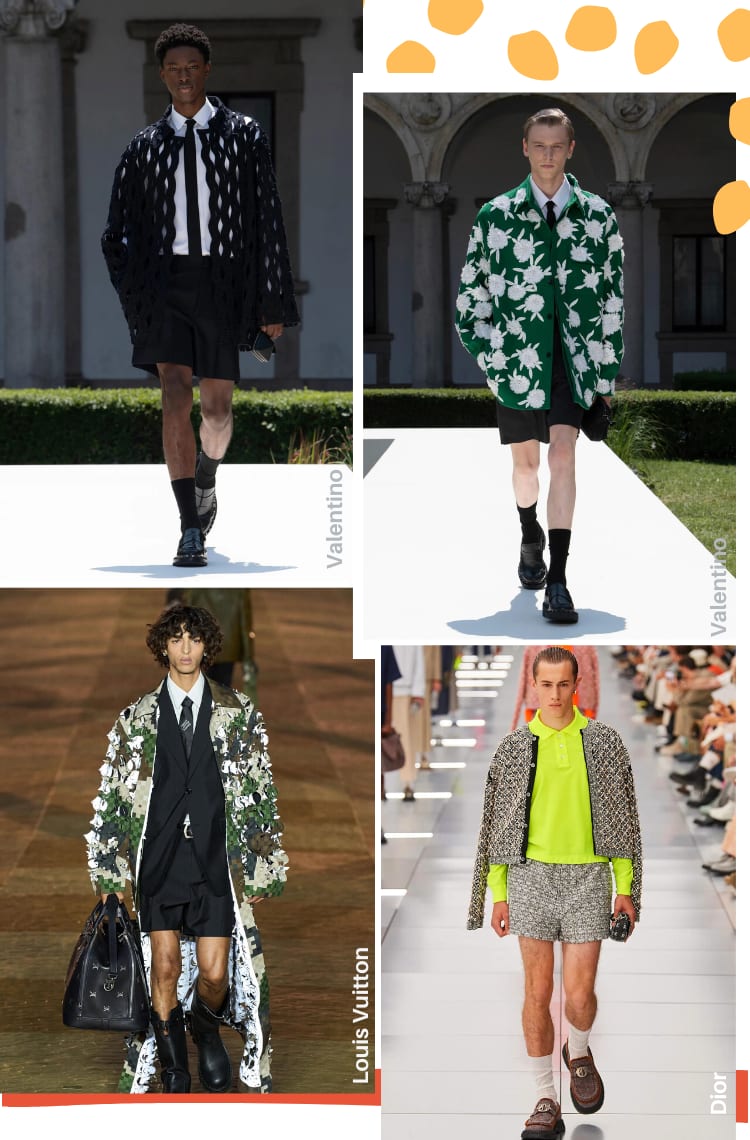 Montagem com 4 fotos mostrando como usar bermuda masculina nos looks. Foto 1, da Valentino: um modelo está em uma passarela branca. O look é composto por camisa branca, gravata preta, bermuda preta de alfaiataria na altura da metade da coxa, cardigan de lã com trama bem aberta, meia na canela e mocassim preto envernizado. Foto 2, da Valentino: um modelo está em uma passarela branca. O look é composto por camisa branca, gravata preta, bermuda preta de alfaiataria na altura da metade da coxa, camisa oversized verde com aplicação de flores brancas, meia na canela e mocassim preto envernizado. Foto 3, da Louis Vuitton: um modelo está em uma passarela marrom. O look é composto por camisa branca, gravata preta, terno de bermuda e blazer preto, bota na altura da panturrilha, casaco oversized camuflado em tons de verde, mala de viagem preta. Foto 4, da Dior: um modelo está em uma passarela cinza. O look é composto por camiseta polo de mangas longas verde néon, bermuda curta de tweed cinza, jaqueta nos ombros cinza de pedrarias, meia branca na canela e mocassim marrom.
