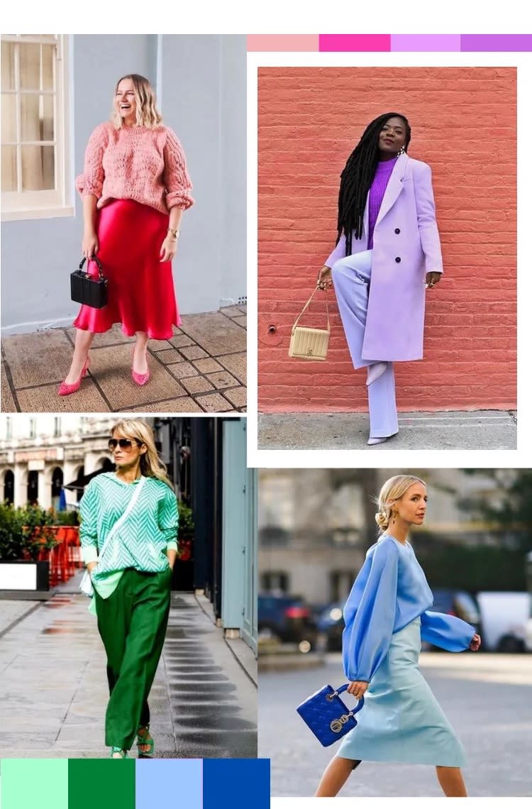 Montaje fotográfico con quatro fotos de street style enseñando como utilizar el círculo cromático en la moda para crear looks coloridos. Looks tono sobre tono. Foto 1: una mujer sonríe en frente a una pared gris. Su look es compuesto de falta satinada rosa e jersey de punto rosa claro, con tacones rosa chiclete. Foto 2: uma mujer está en una pared naranja. Su look es compuesto de pantalon lila, jersey de cuello alto violeta y abrigo largo lavanda. Foto 3: una mujer camina por la calle. Su look es compuesto de pantalón verde oscuro, tacones verdes y blusa verde clara. Foto 4: una mujer camina en una calle. Su look es compuesto de jersey con mangas abullonadas satinada azul claro, falda azul mídi y bolso azul oscuro.
