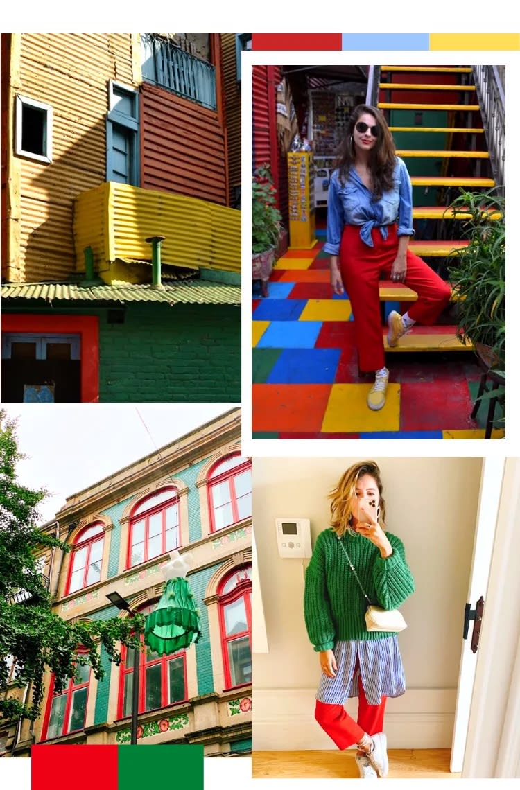 Montaje fotográfico con quatro fotos de street style enseñando cómo hacer una buena combinación de colores en los looks. Foto 1: una foto del caminito, en buenos aires, con un edifício en los colores rojo, verde, amarillo y azul. Foto 2: Marcie, la creadora del blog, viste los mismos colores del caminito en su look, con un pantalón rojo, camisa vaquera azul y zapatillas amarillas.