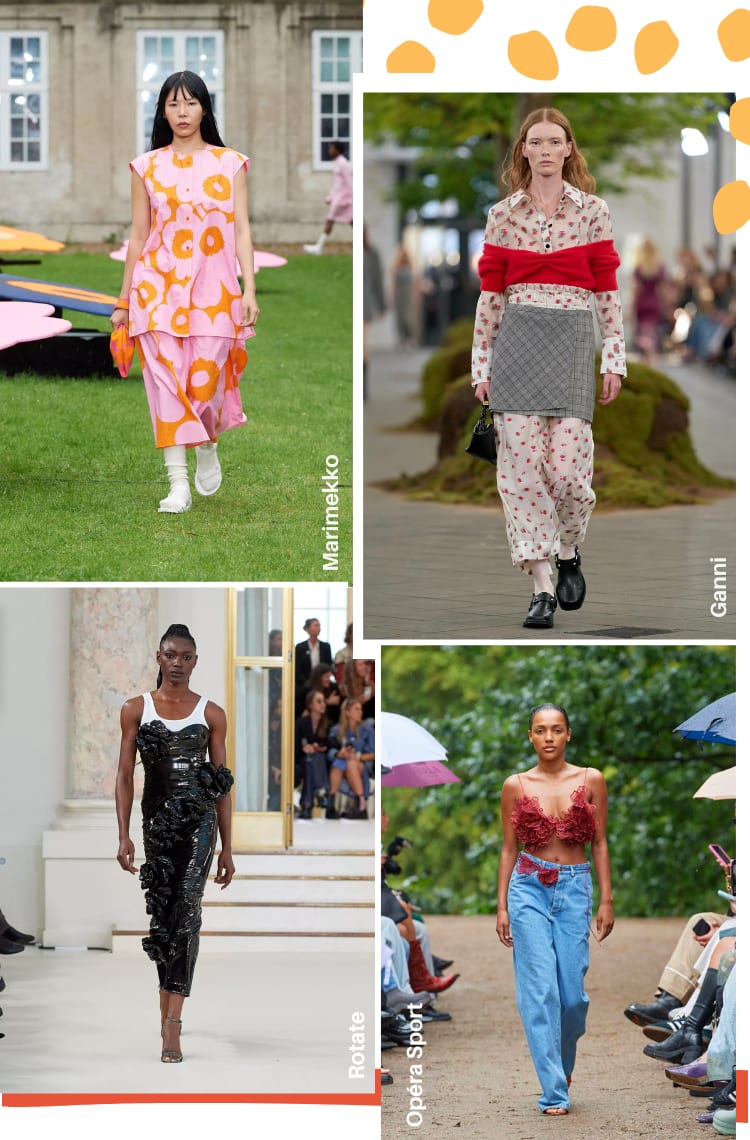 Montagem de quatro fotos ilustrando as 5 tendências da copenhagen fashion week 2024. Tendência 1: floral. Foto 1, da Marimekko: uma modelo está em uma passarela com grama. O look é composto por conjunto de blusa e bermuda longa laranja com estampa floral máxi rosa, meia branca e sandália branca. Foto 2, da Ganni: uma modelo de cabelos longos ondulados está em uma passarela cinza com plantas ao fundo. O look é compoto de uma camisa e calça semitransparentes brancas com florais vermelhos, top vermelho por cima e saia xadrez cinza e sapato preto. Foto 3, da Rotate: uma modelo com cabelos presos está em uma passarela branca. O look é composto por uma regata branca e vestido mídi preto de vinil preto com aplicações de flores. Foto 4, da Ópera Sport: uma modelo está em uma passarela de terra. O look é composto por top de flores vermelho com textura, cinto do mesmo material e calça jeans.