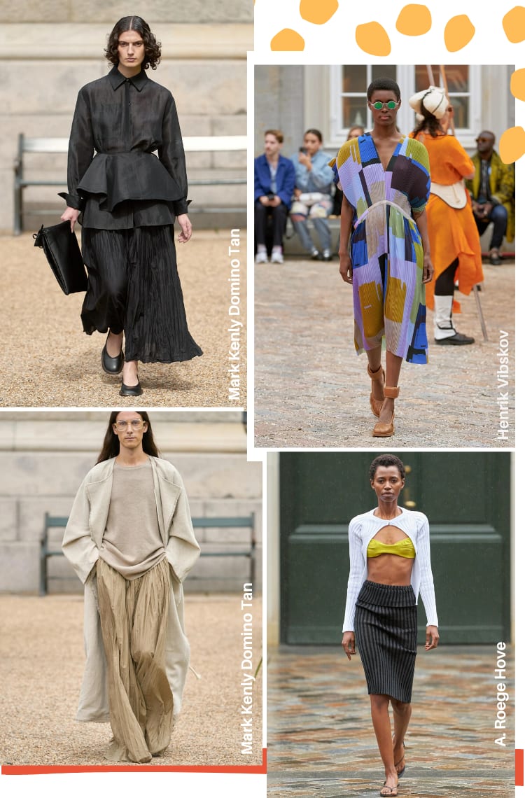 Montagem de quatro fotos ilustrando as 5 tendências da copenhagen fashion week 2024. Tendência 5: plissados. Foto 1, da marca Mark Kenly Domino Tan: uma modelo está em uma passarela de pedras. O look é composto por camisa preta transparente com peplum, saia longa plissada, bolsa preta e sapatilha preta. Foto 2, da Henrik Vibskov: uma modelo com cabelos raspados está em uma passarela cinza. O look é composto por vestido plissado mídi com mangas curtas e estampa quadriculada em tons de lilás, mostarda, verde e azul. Foto 3, da marca Mark Kenly Domino Tan: uma modelo de cabelos longos em uma passarela de pedras. O look é composto por suéter bege, pantalona plissada bege e sobretudo bege. Foto 4, da A. Roege Hove: uma modelo de cabelos curtos está em uma passarela. O look é composto por saia lápis plissada, top verde pistache, blusa branca plissada branca de mangas longas.
