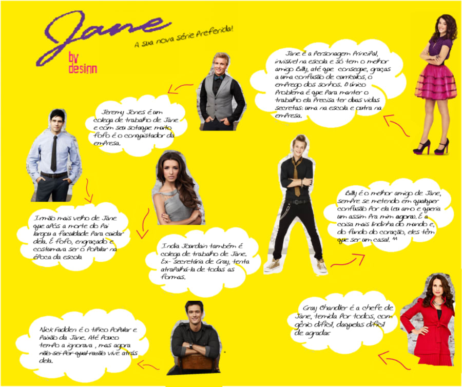 Montagem com fundo amarelo e todos os personagens da serie Jane by design, 7 ao todo. Cada um deles tem um balão branco com texto ilegível ao lado.