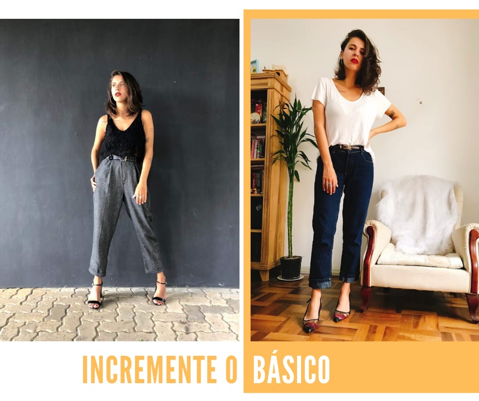 Montagem com duas fotos dispostas lado a lado. Na primeira foto, à esquerda, Marcie posa em frente a uma parede preta olhando para o lado. O look é composto por cropped preto com alcinhas, calça de alfaiataria de cintura alta cinza, cinto preto e sandália preta de tiras finas. Foto 2, à direita: Marcie posa em frente a uma poltrona branca e uma planta verde de fundo. O look é composto por camiseta branca, calça jeans boyfriend, scarpin colorido com lantejoulas. Logo abaixo das fotos, está escrito o seguinte texto, em letras maiúsculas amarelas: "incremente o básico".