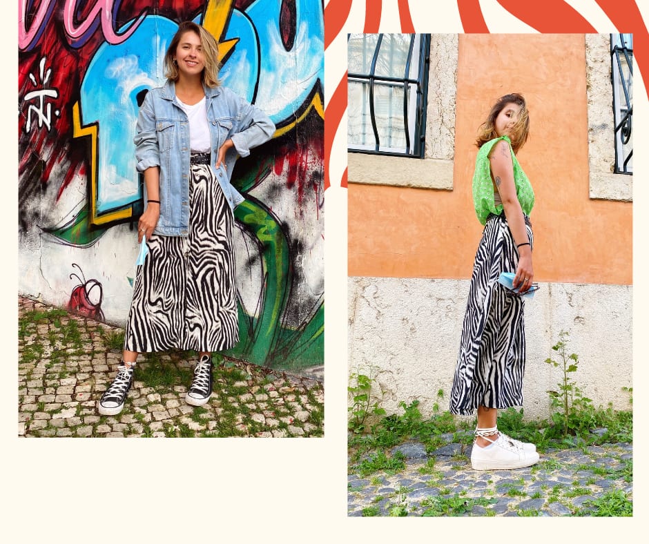 Montagem com duas fotos, lado a lado, com fundo off-white com estampa de zebra laranja. Foto 1 (à esquerda): Marcie posa com a mão na cintura em frente a uma parede com grafitti. O look é composto por saia de zebra mídi com camiseta branca, cinto preto, all star preto e jaqueta jeans. Foto 2 (à direita): Marcie posa de lado em frente a uma parede laranja. O look é composto por blusa verde néon regata com estampa floral, saia de zebra mídi e tênis branco com cadarços amarrados na canela.