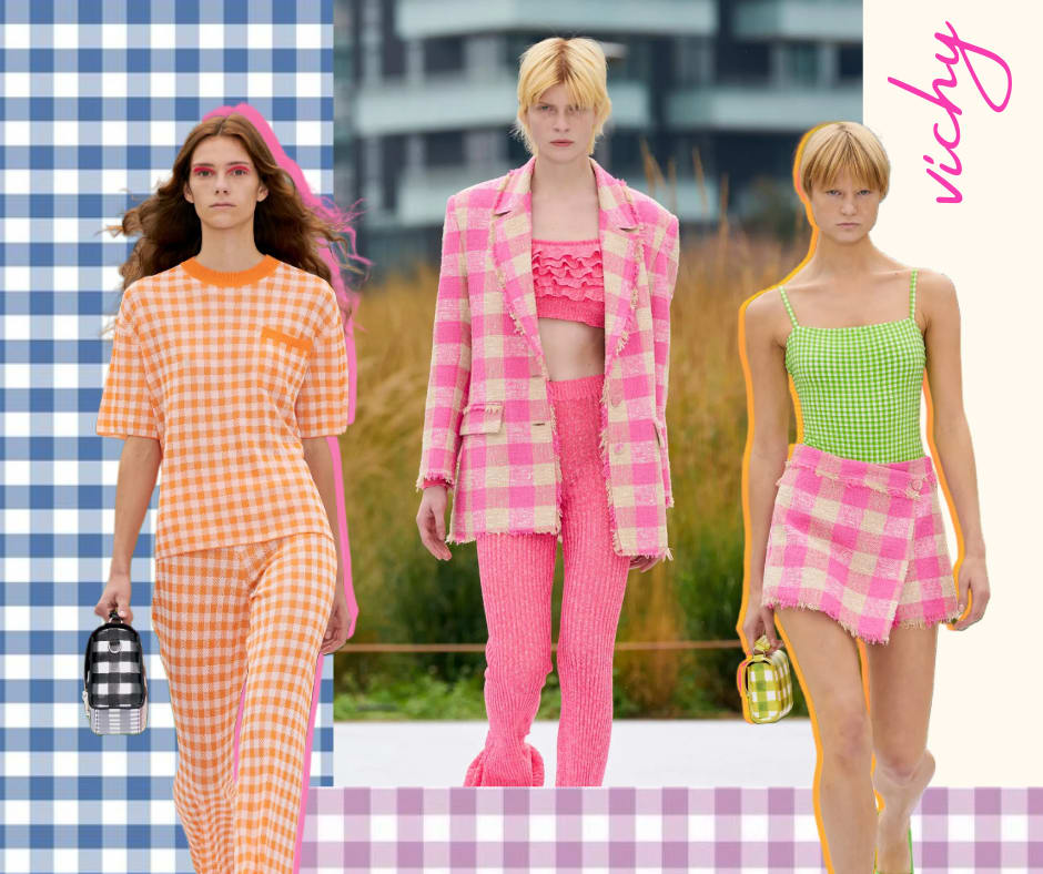 Montagem com três fotos de modelos usando a estampa xadrez vichy. Look 1 (à esquerda): uma modelo está em um look com conjunto de camiseta e calça com estampa vichy laranja e bolsa preta laranja. Foto 2 (no meio): uma modelo loira de cabelos curtos está em uma passarela com fundo de natureza. O look é composto por cropped e calça legging rosa neon e blazer xadrez vichy rosa néon. Foto 3 (à direita): Uma modelo com cabelo curto louro está desfilando. O look é composto por body de alcinha com estampa vichy verde miudo e saia envelope curta com estampa vichy rosa neon e bolsa vichy verde.