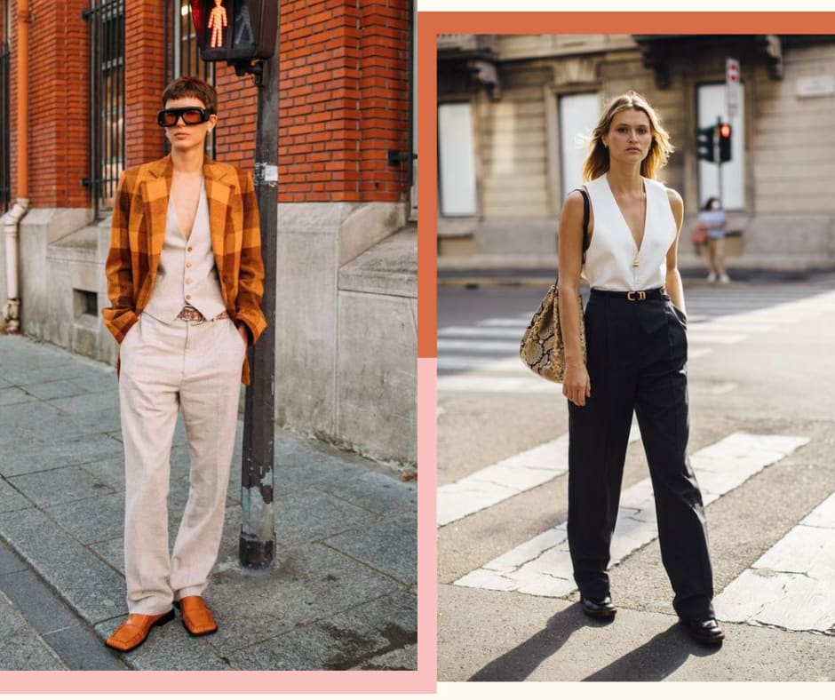 Montagem com duas fotos usando coletes em seus looks. Foto 1 (à esquerda): uma mulher com cabelos curtos castanhos está escorada em um poste preto. O look é composto por colete e calça bege de alfaiataria, blazer xadrez amarelo com marrom, cinto marrom e mocassim caramelo. Foto 2 (à direita): uma mulher loira com cabelos longos atravessa uma rua vazia. O look é composto por um colete branco como blusa, para dentro da calça de alfaiataria preta, cinto preto, mocassim preto e bolsa animal print de cobra.