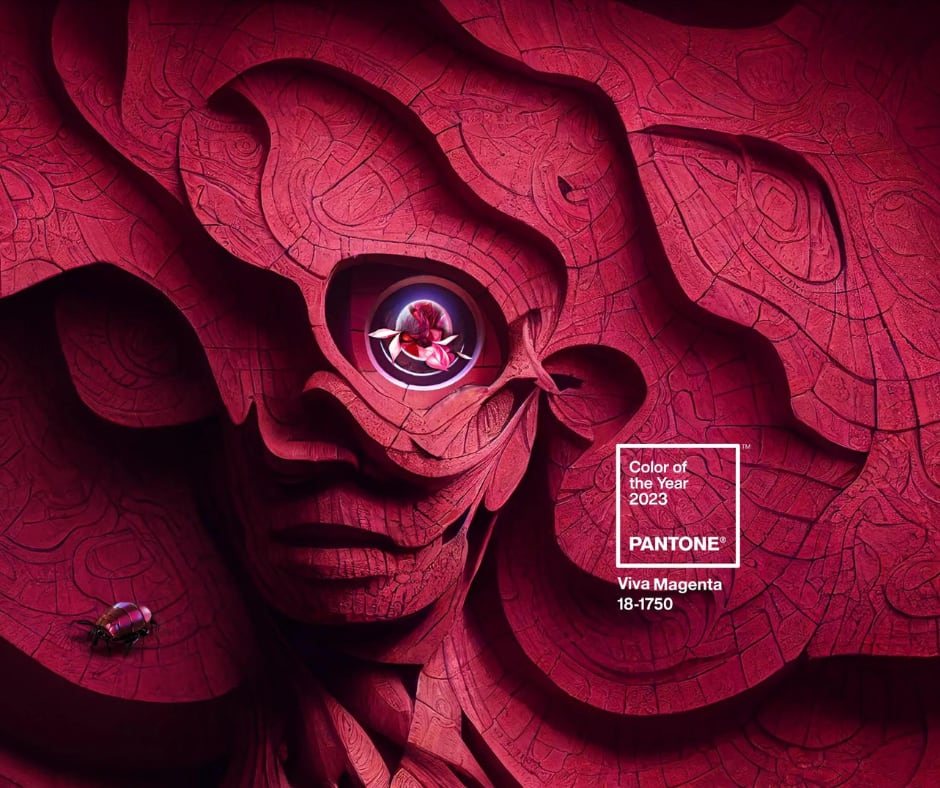 Foto com a imagem de divulgação da cor Viva Magenta e o símbolo da Pantone com 7 dicas de como usar a cor de 2023 nos looks.