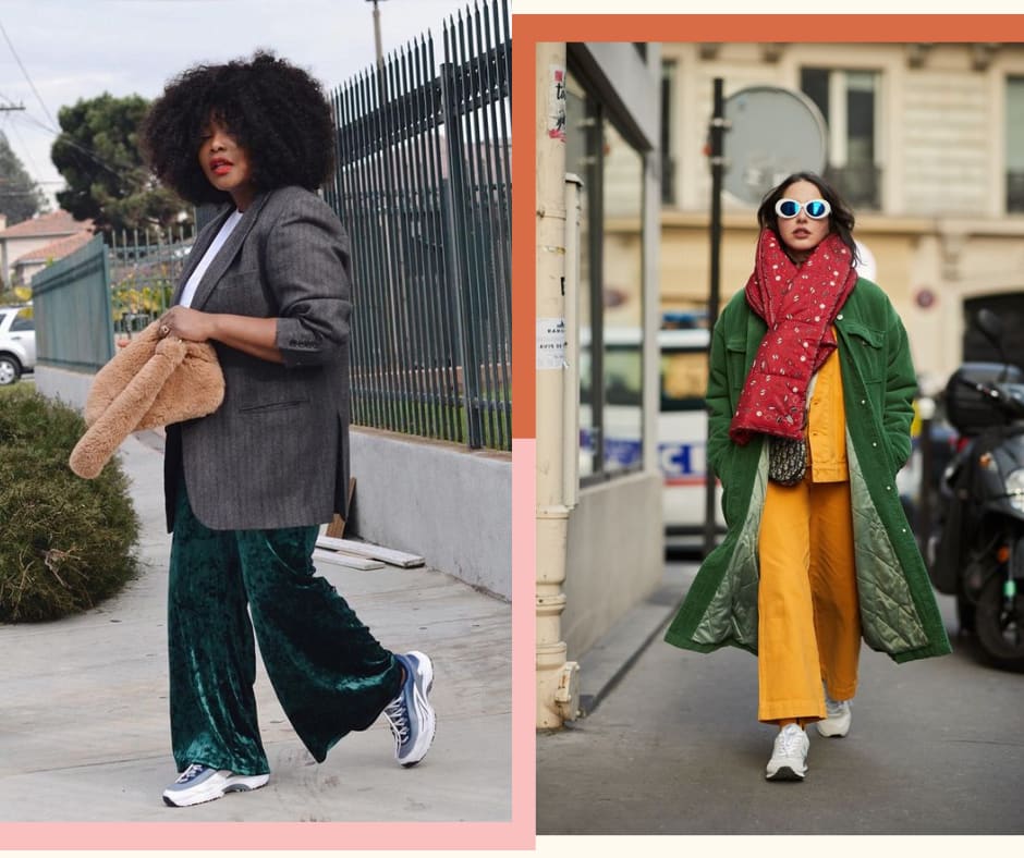 Montagem com duas fotos lado a lado. Foto 1: uma mulher com cabelo black power castanho está em frente a um portão preto de grade. O look é composto por camiseta branca, blazer cinza risca de giz, bolsa peluda bege, calça de veludo molhado verde e tênis esportivo cinza com branco. Foto 2: uma mulher com cabelos lisos castanhos anda em uma rua. O look é composto por um conjunto de jaqueta e calça amarelo mostarda, sobretudo verde musgo, manta vermelha e tênis branco esportivo.