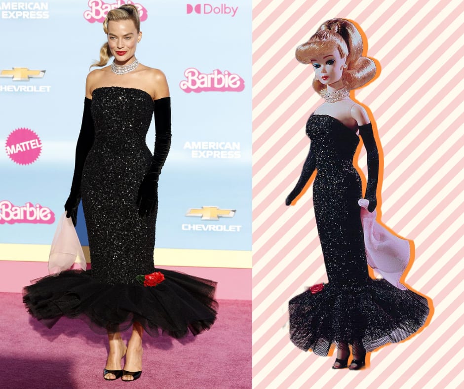 Montagem com duas fotos mostrando looks margot robbie em Barbie.