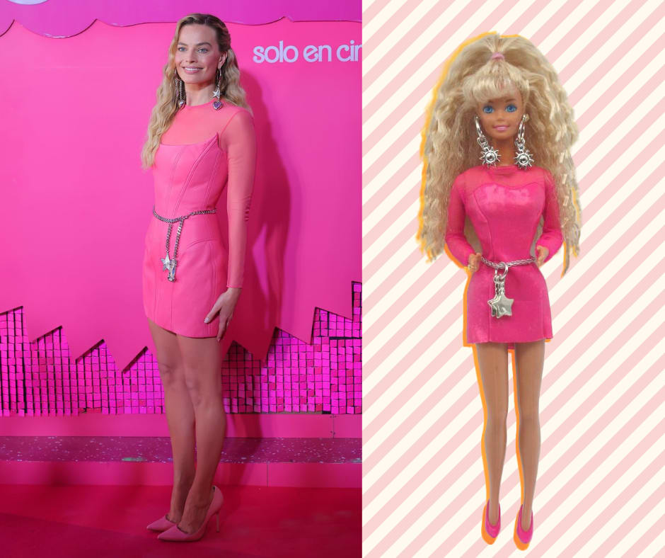 Montagem com duas fotos mostrando looks margot robbie em Barbie.
