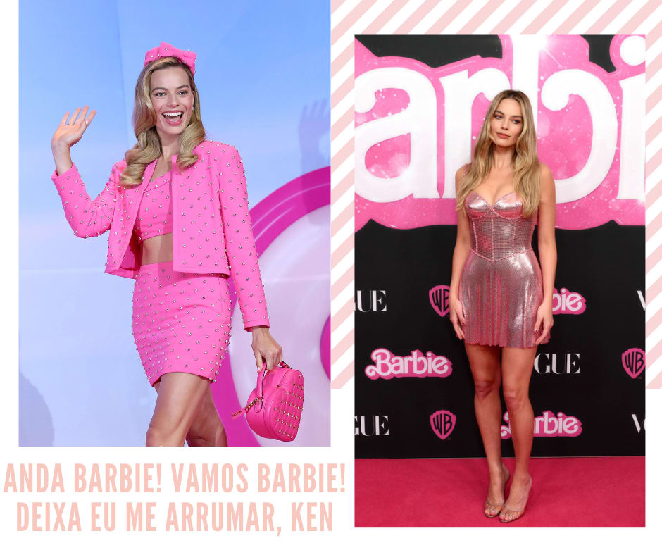 Montagem com duas fotos mostrando looks margot robbie em Barbie. Na primeira foto, temos a atriz Margot Robbie acenando para a câmera usando um look inteiro rosa com cropped, minissaia, jaqueta, chapéu e bolsa, tudo rosa-choque com rebites prateados. Foto 2: a atriz Margot Robbie usa um vestido metalizado em frente a uma parede de divulgação do filme. O look é um vestido curto inteiro metalizado rosa e sapato transparente.