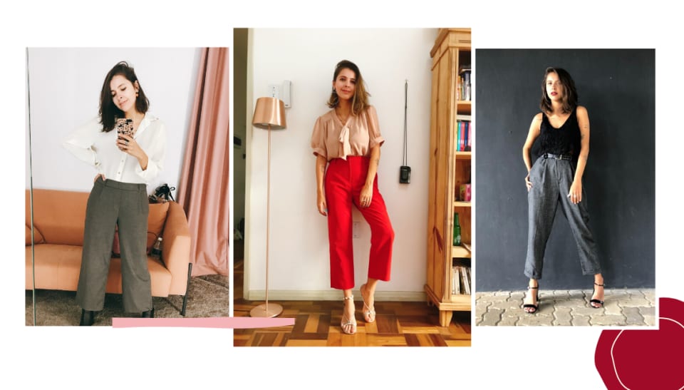 Montagem com fundo branco e três fotos. Abaixo da primeira foto, à esquerda, um traço assimétrico rosé decora a montagem. Já na terceira foto, na parte de baixo, um círculo bordô decora a montagem. Na primeira foto, à esquerda, Marcie posa em frente de um espelho, sofá rosé, cortina rosa e parede branca. O look é uma camisa branca e uma calça de alfaiataria de lã cinza de cintura alta e no shape pantalona. Na segunda foto, no meio, Marcie posa em frente a uma parede branca, um parquet de madeira e ao lado direito de uma luminária alta rosé. O look é composto por uma camisa de manga curta bufante e gola laço rosé, calça de alfaiataria vermelha reta com barra curta e sandália de tiras finas dourada. Na terceira foto, Marcie posa em frente a uma parede preta com chão de pedra cinza. O look é composto por cropped preto de alças finas, calça clochard de lã cinza com cinto preto na cintura e sandália de tiras finas preta.