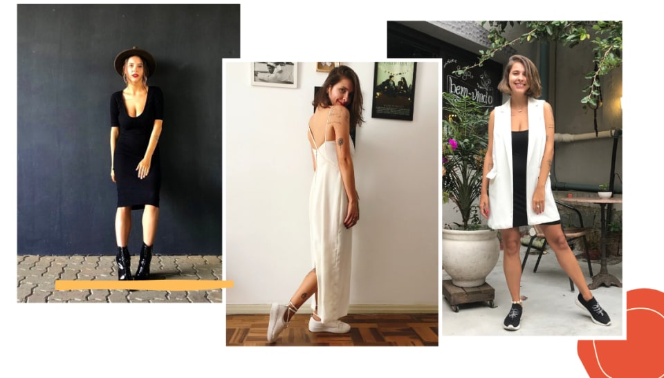Montagem com fundo branco e três fotos. Abaixo da primeira foto, à esquerda, um traço assimétrico amarelo decora a montagem. Já na terceira foto, na parte de baixo, um círculo laranja decora a montagem. Na primeira foto, à esquerda, Marcie posa escorada em uma parede preta lisa. O look é composto por vestido tubo mídi meia manga e decote u profundo, bota envernizada preta e chapéu verde. Na segunda foto, Marcie posa de lado em frente a uma parede branca com quadros. O look é composto por um vestido branco com alça fininha e fenda na parte de trás, tênis branco com cadarço largo enrolado no tornozelo. Na terceira foto, Marcie posa em frente a uma mesa de madeira com pés de ferro e um grande vaso de cerâmica com flores. O look é composto por um vestido curto preto, um colete alongado branco de alfaiataria e tênis esportivo de knit preto e branco.