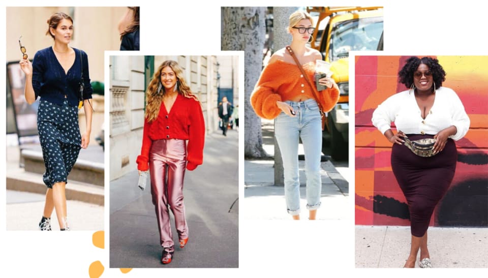 Montagem com 4 fotos de street style dispostas lado a lado em um fundo branco. Da esquerda para a direita, foto 1: uma mulher branca, magra e com cabelos castanhos anda em frente a uma rua. O look é composto por cardigan azul-marinho usado como blusa com os botões fechados, saia mídi floral miúda azul-marinho e all star botinha preto de cano alto. Foto 2: Uma mulher branca e loira caminha em frente a um prédio bege. O look é composto por cardigan vermelho oversized usado como blusa, calça de couro metalizada pink e scarpin vermelho. Foto 3: Uma mulher branca e loira com os cabelos presos caminha em frente a uma rua arborizada. O look é composto por cardigan laranja usado como blusa, com o primeiro botão aberto, criando um decote ombro a ombro, e calça jeans azul claro com cintura no lugar e barra dobrada. Foto 4: uma mulher negra com cabelo preto na altura do ombro posa em frente a uma parede com grafite em tons quentes. O look é composto por cardigan branco usado como blusa, saia lápis preta e pochete camuflada usada na cintura.