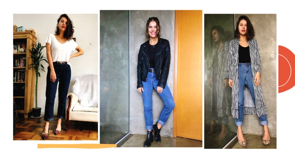 Montagem com três fotos em fundo branco, expostas lado a lado. Na lateral inferior esquerda, uma listra assimétrica amarela decora. Na lateral direita, um círculo laranja decora. Da esquerda para a direita, foto 1: Marcie posa em frenta a