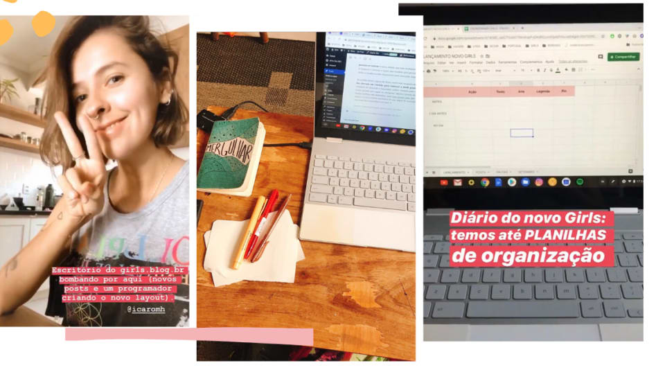 Montagem com três fotos e fundo branco. Na primeira imagem, à esquerda, Marcie aparece fazendo uma selfie com sinal de paz e amor. Na segunda, uma mesa de madeira, com moleskine escrito "mergulhar", três canetas (uma bege, uma vermelha e uma marrom) e um notebook aparecem. Na terceira foto, uma tela de notebook com planilha aberta e a legenda "Diário do novo Girls: temos até PLANILHAS de organização".