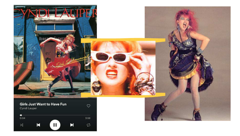 Montagem com fundo branco e três fotos. Na primeira, o player preto do spotify está com a capa do disco da Cyndi Lauper, na música "Girls Just Wanna Have Fun". Na imagem do meio, que está centralizada, uma foto da cantora Cyndi Lauper de óculos escuros com moldura branca. Na terceira foto, a cantora Cyndi Lauper posa em frente a uma parece cinza com fundo infinito. Cyndi usa um vestido com muitos babados nos tons de amarelo, vermelho e roxo, além de coturnos pretos.