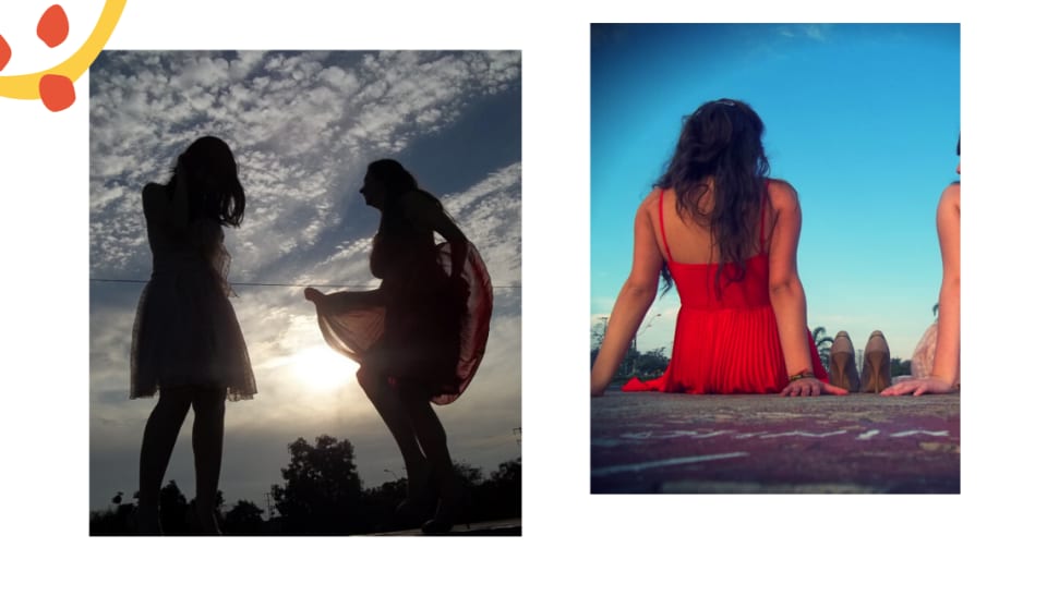 Montagem com duas fotos em um fundo branco. Na primeira foto, a sombra de duas minas dançando com vestidos contra o sol. O céu é azul e nuvens brancas as contornam. Na segunda, uma menina branca, de cabelos longos e vestido vermelho aparece sentada, com sapatos de salto alto ao lado. O céu azul e silhuetas de árvores contornam a imagem.