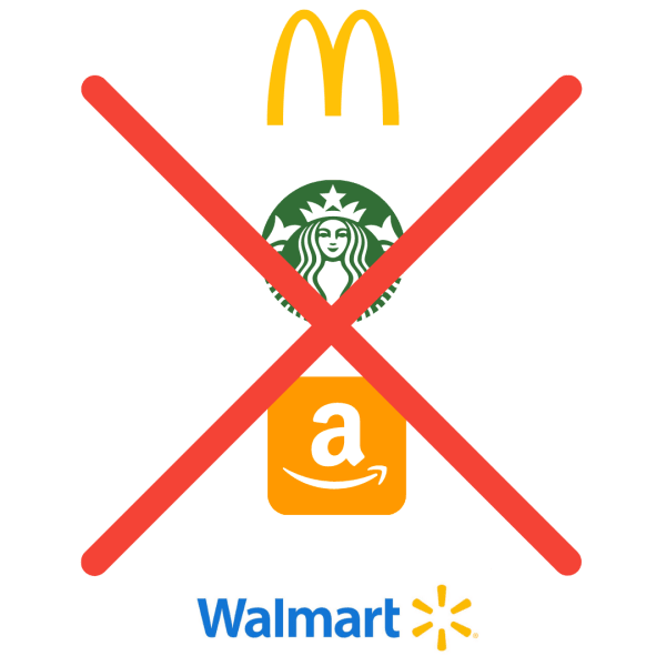 Logos of McDonalds, Starbucks, Amazon, and Walmart with a giant X through them, conveying that the Indie Prepaid Gift Card cannot be spent at big chains.