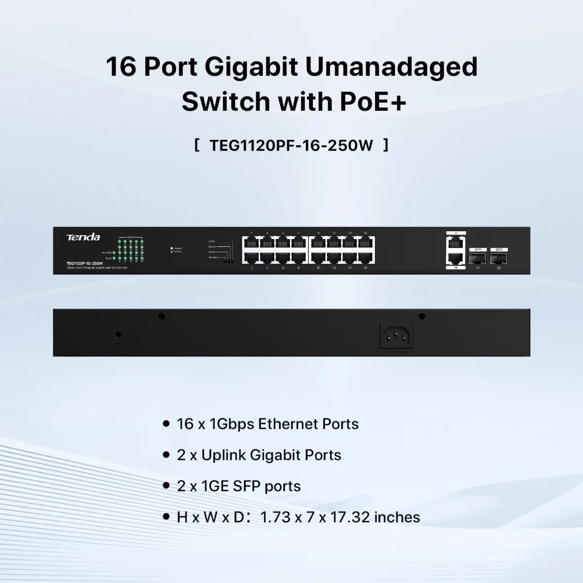 Tenda TEG1120P-16-250W, 16 Port Gigabit PoE Switch 