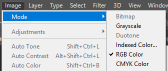 Select RGB color from the Image and Mode tab when designing for sublimation.