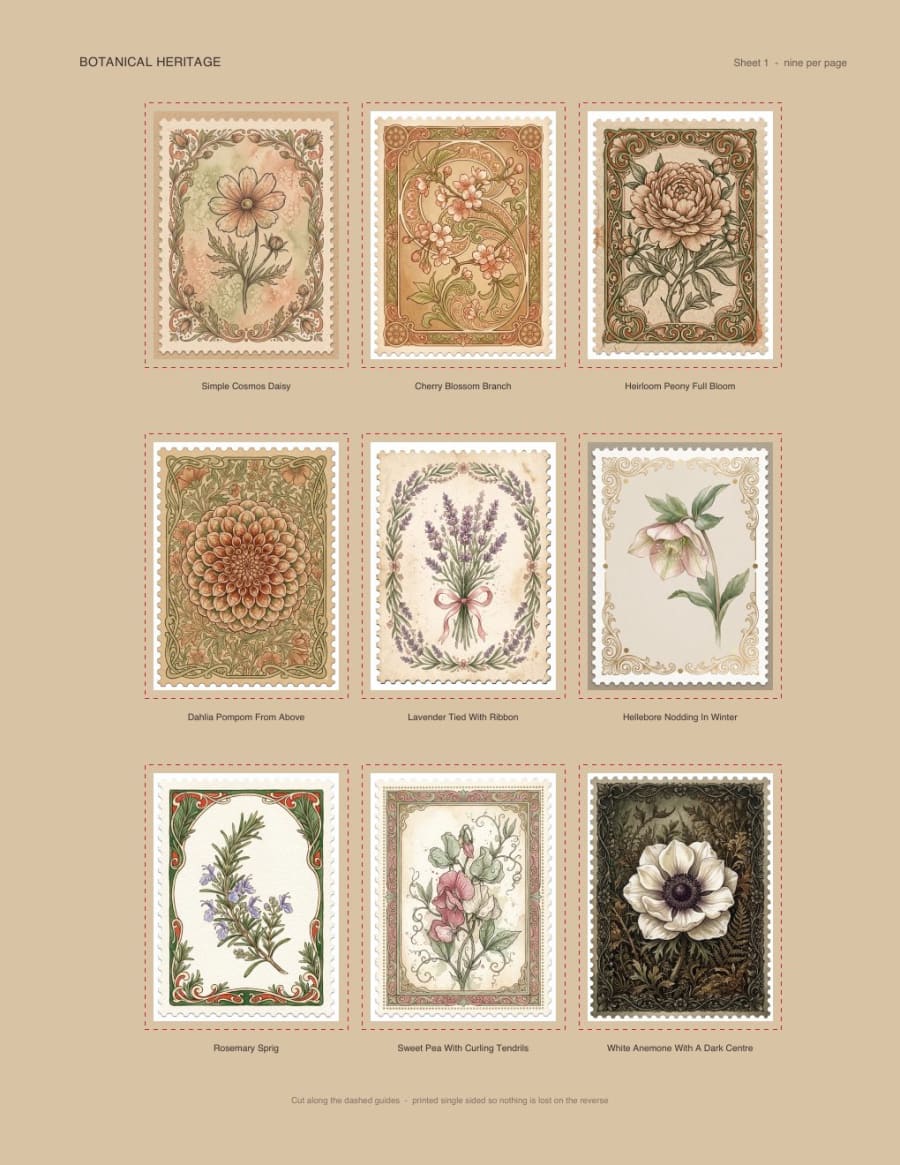 One interior page from the demo book: nine faux stamps with perforated edges on kraft stock