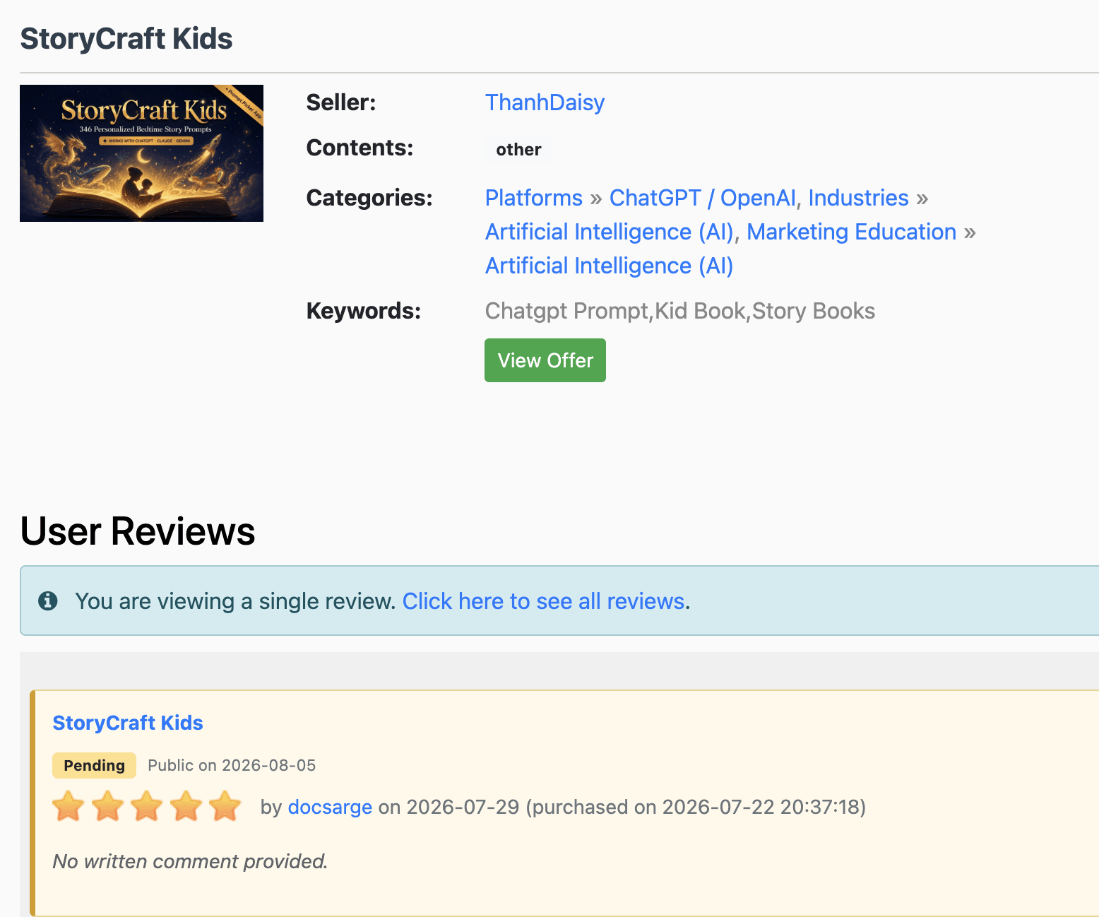 5-star rating for StoryCraft Kids on the WarriorPlus marketplace