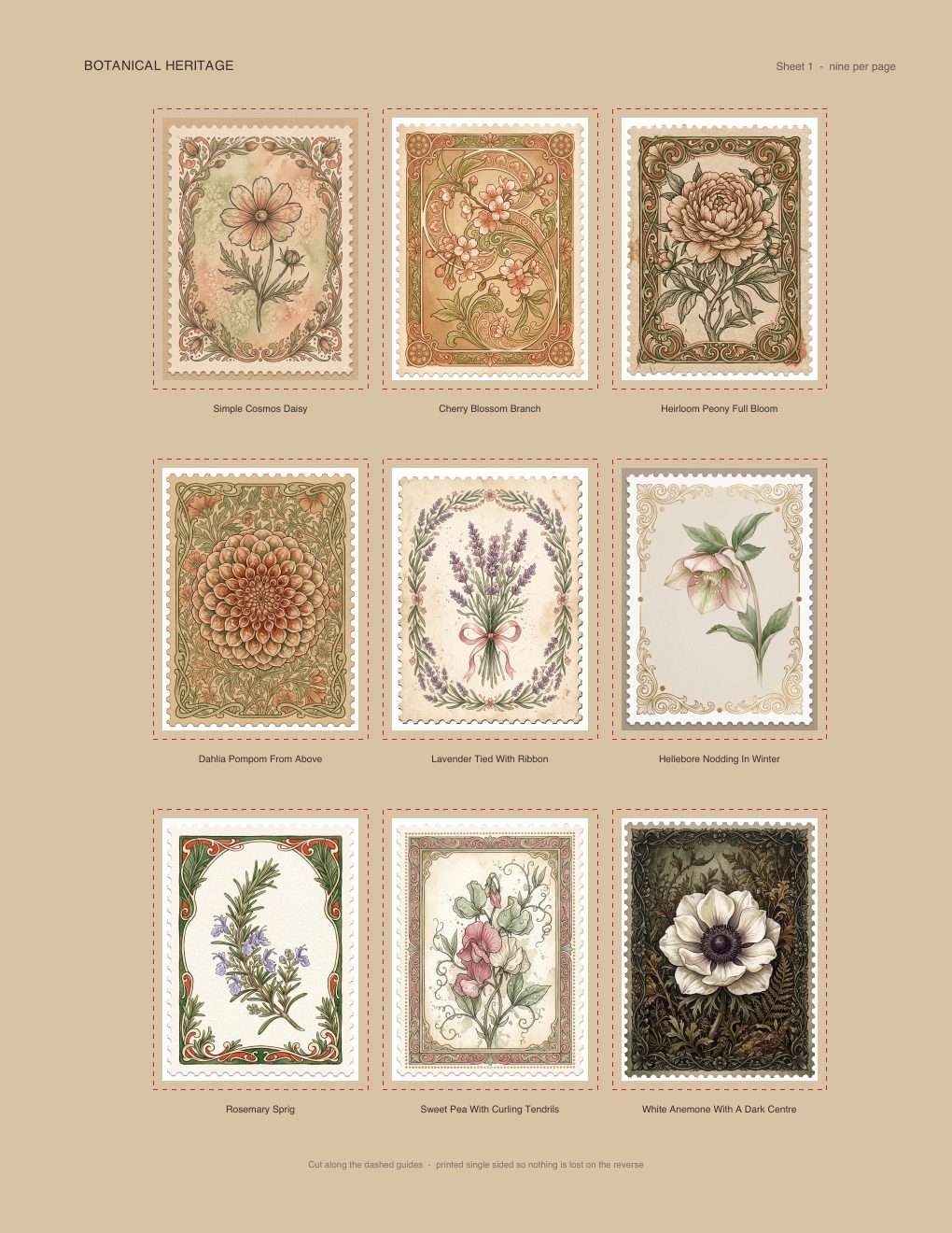 Nine faux postage stamps on one printable sheet