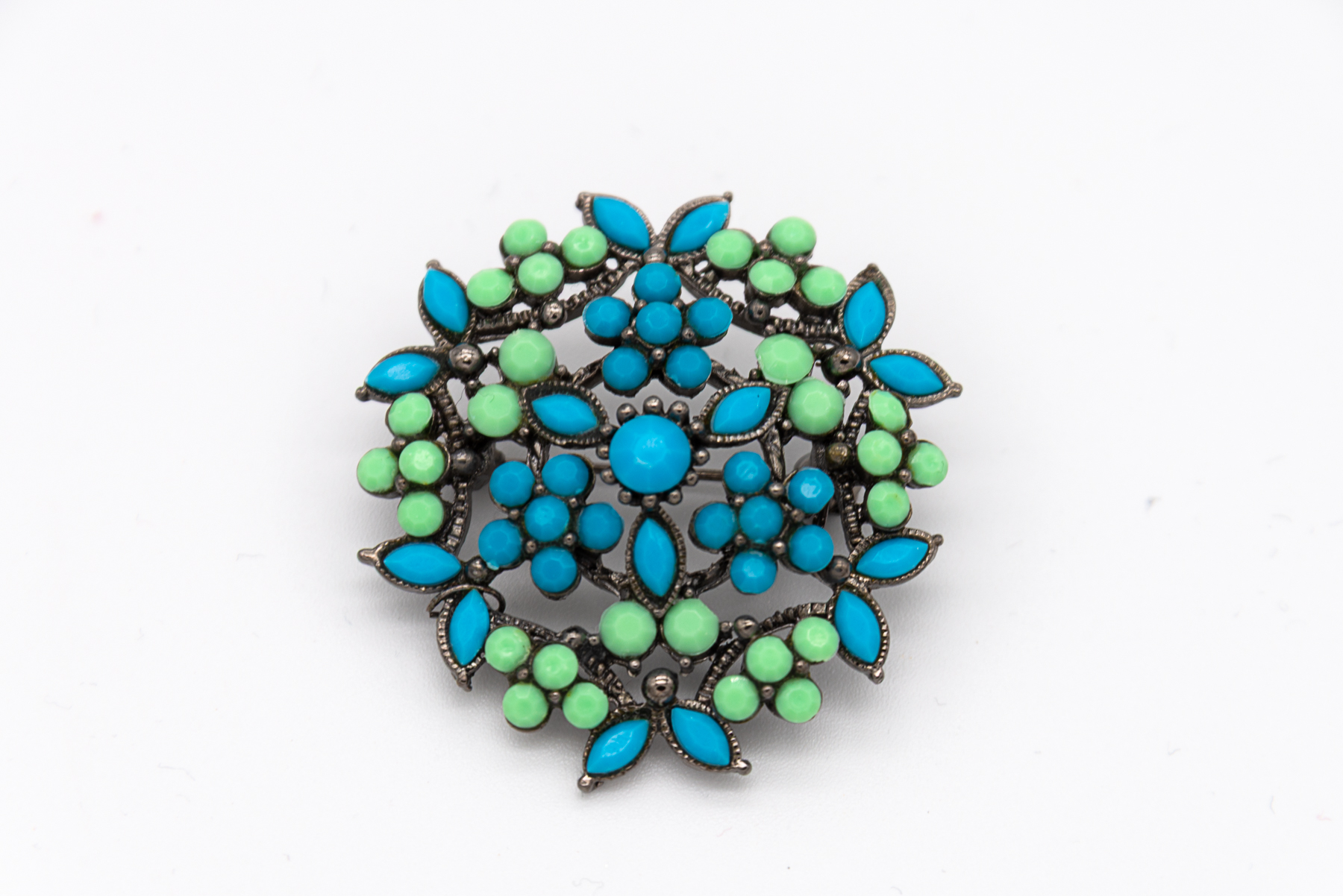 Vintage Turquoise and Lime Green Floral Wreath Brooch