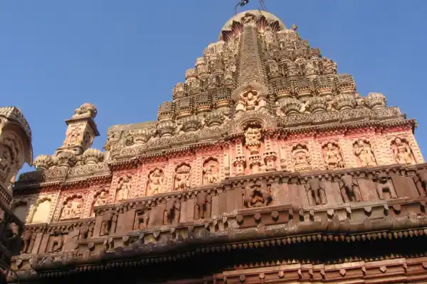 Red stone shikhara of Grishneshwar temple at Verul near Ellora