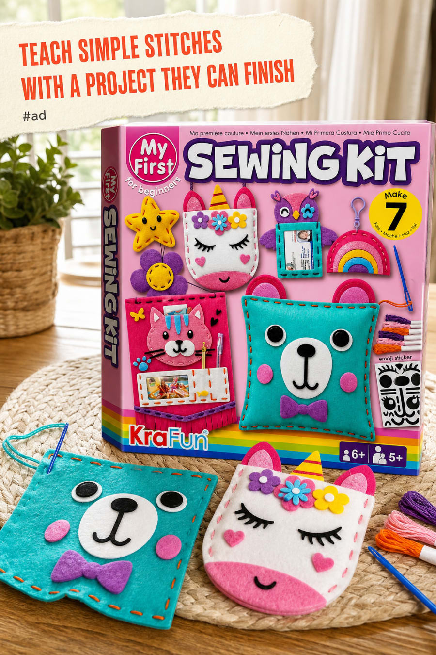 First Sewing Kit for Kids with Seven Felt Animal Projects pin