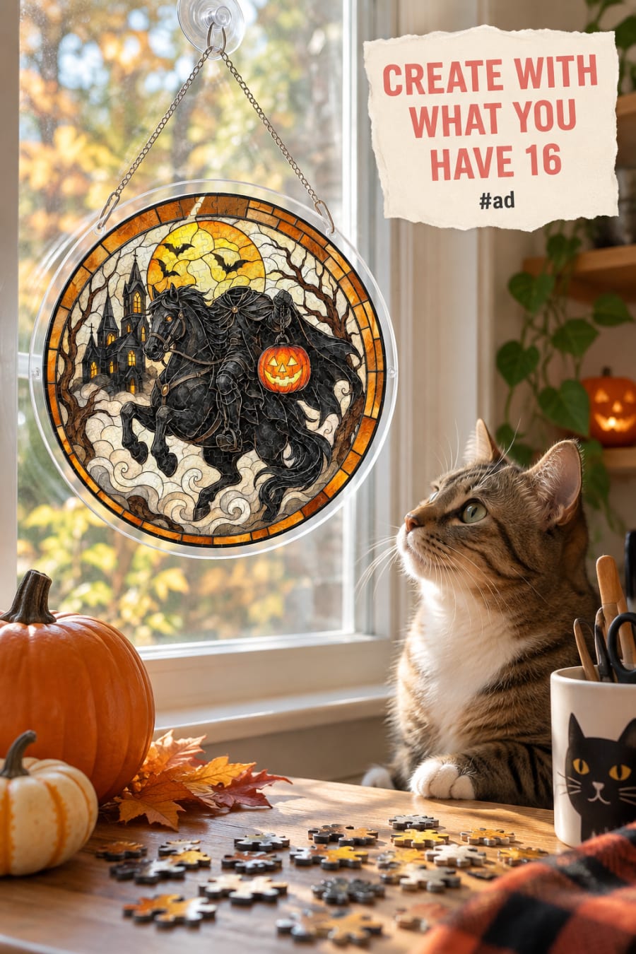 Halloween Suncatcher Puzzle: Headless Horseman for Halloween Window Decor pin