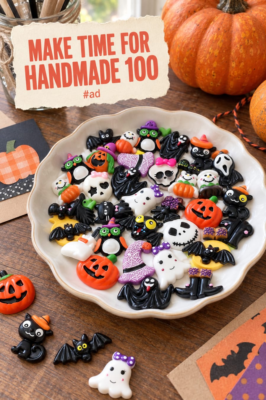 Halloween Resin Charms for Crafts featuring 100-piece set with Pumpkin, Skeleton Designs pin