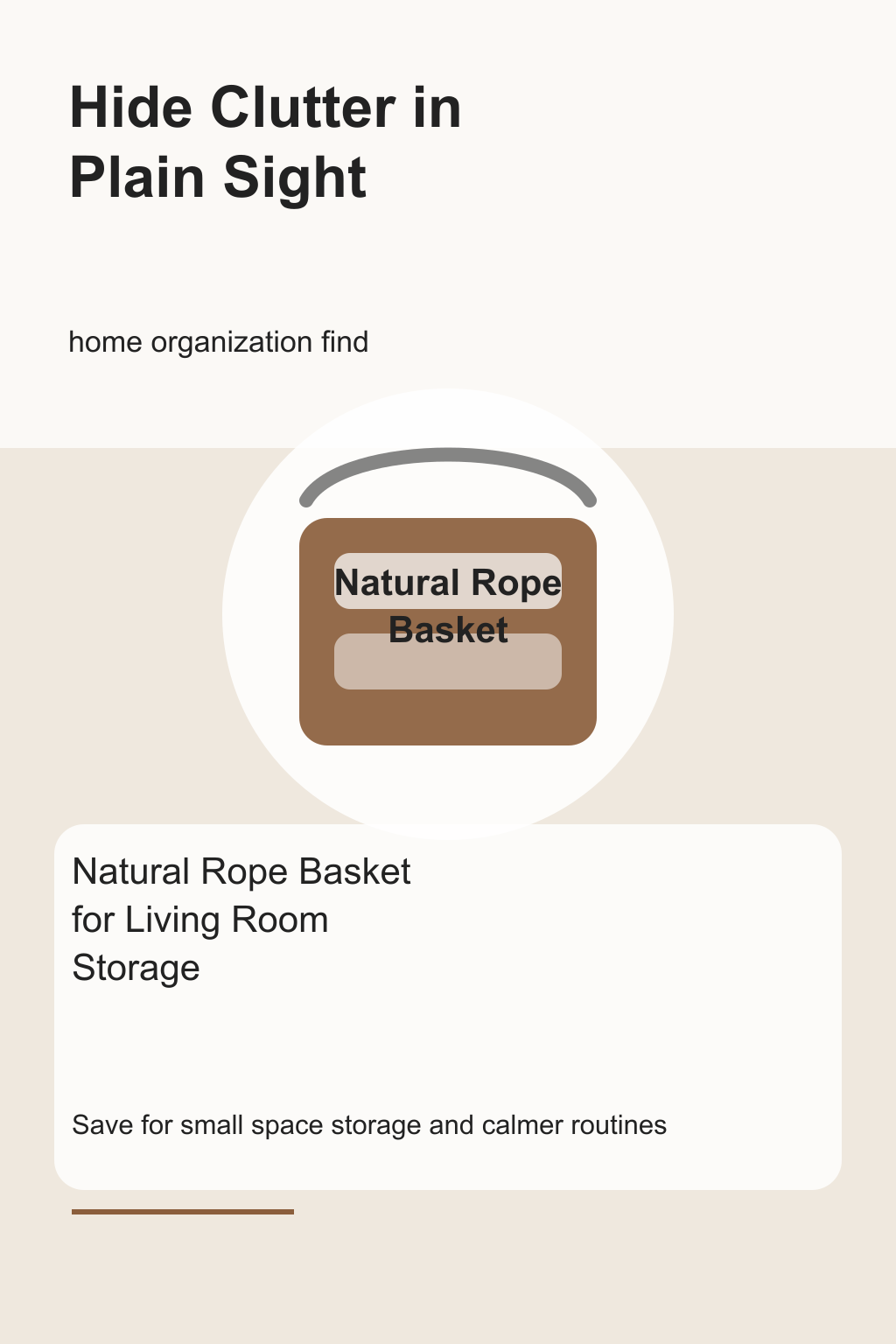 Natural Rope Basket for Living Room Storage graphic for a home organization roundup, focused on hide clutter in plain sight.